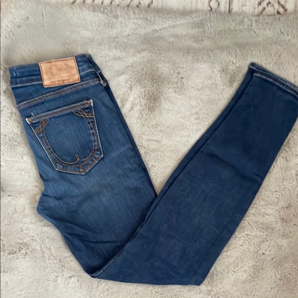 True Religion Blue Skinny Denim Jeans with Gold Stitching Womens 26